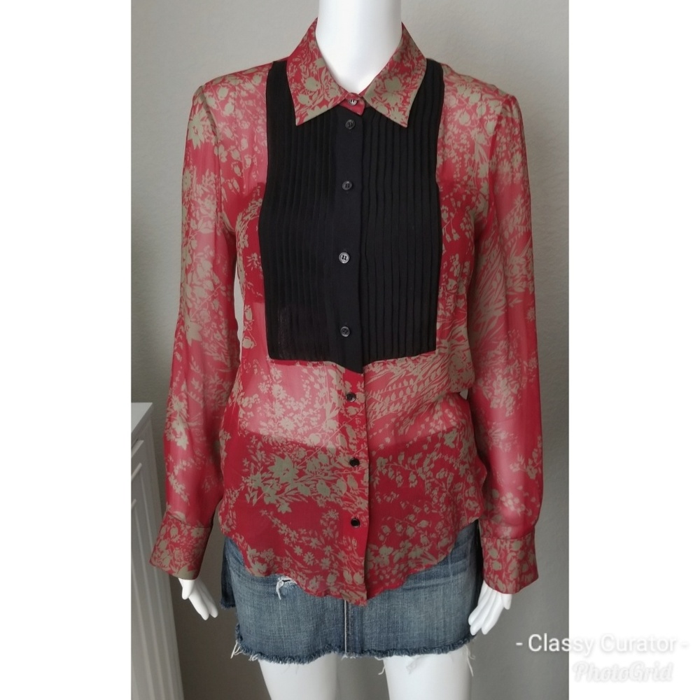 CHLOE sheer 100% silk top in red and black
